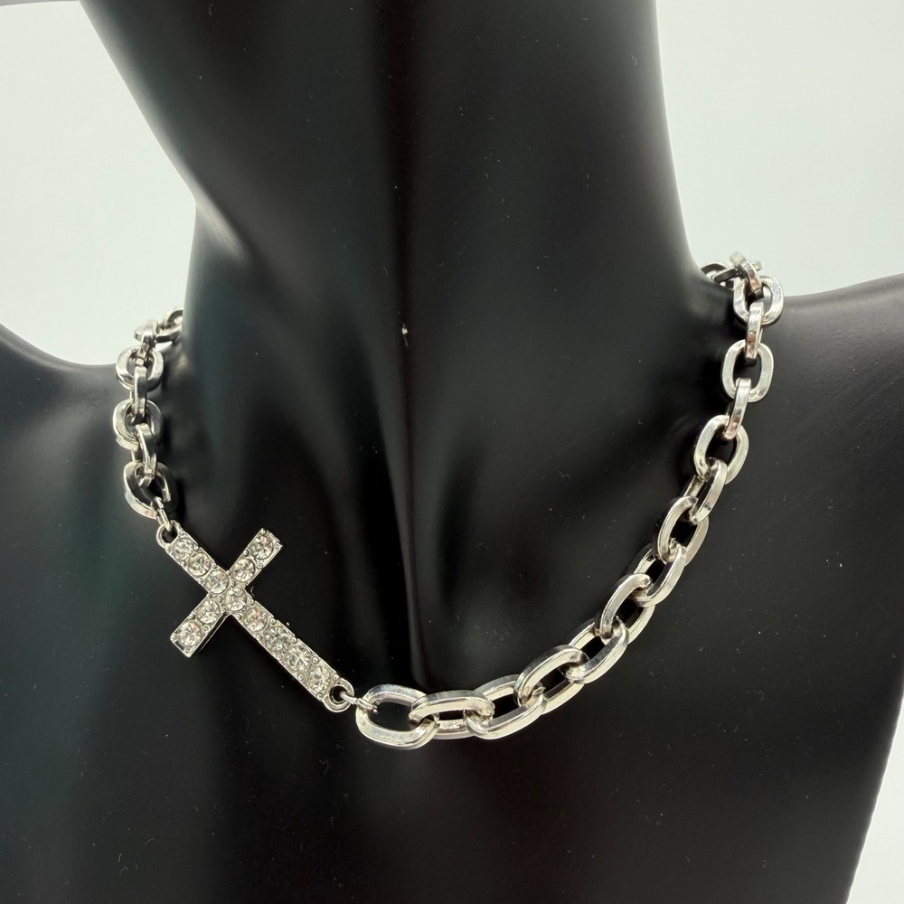Vintage Silver Tone Rhinestone Cross Chain Necklace Y2K Statement